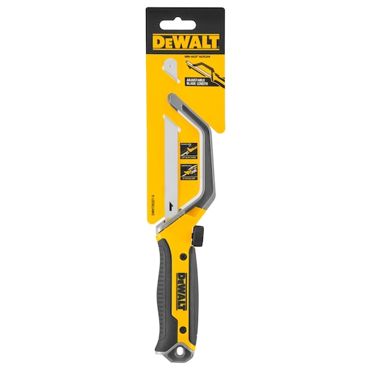 DEWALT mini hacksaw with an adjustable blade length, shown in its yellow and black packaging. The saw has a contoured grip handle and the product branding is visible on the handle and packaging.