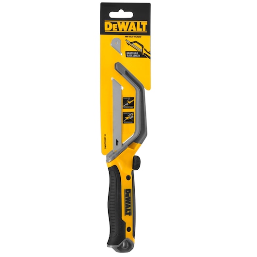 DEWALT DWHT20327-0 Mini-hack saw with adjustable blade length, packaged with a yellow and black handle and blade guard, shown in retail packaging.