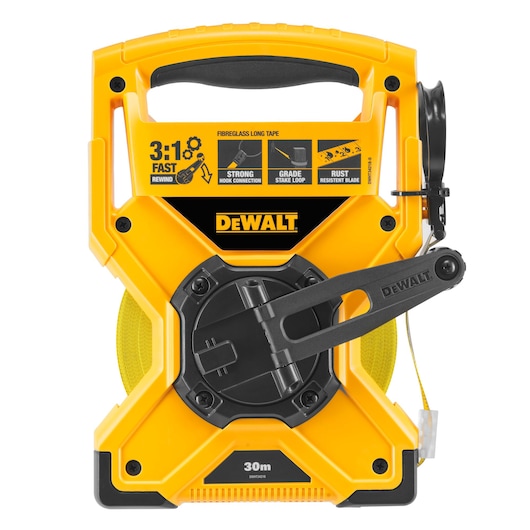 Front view of a DEWALT DWHT34218-0 30 meter fiberglass long tape measure, featuring a yellow and black housing, a large handle, and a side winding crank.