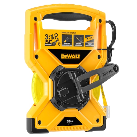 A yellow and black DEWALT 30-meter fiberglass long tape measure with a handle and crank for fast rewind, visible features include a strong hook connection, grade stake loop, and rust-resistant blade.