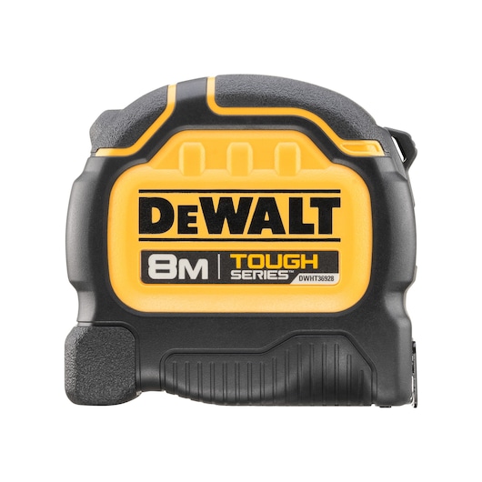 DEWALT Tough Series 8M tape measure, yellow and black, model DWHT36928-0, for precise measurements.
