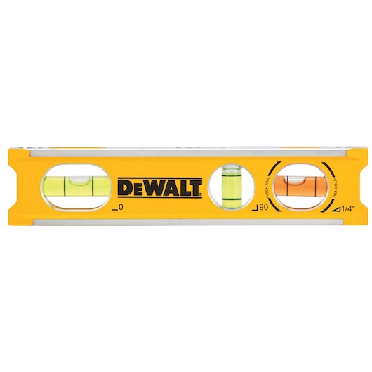 Yellow DEWALT spirit level with three bubble vials and measurement markings on its body.