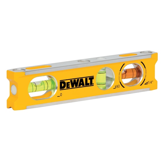 DEWALT yellow spirit level with three vials for measuring angles and leveling surfaces.