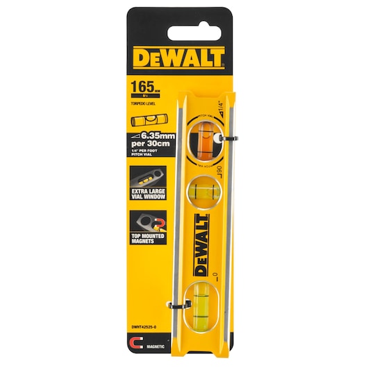 DEWALT DWHT42525-0 torpedo level in yellow packaging, features three vial windows, magnetic properties, and measurement details for pitch per foot.