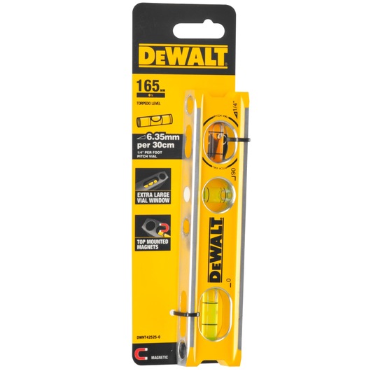 DEWALT DWHT42525-0 torpedo level in retail packaging, showing features such as extra large vial window, top mounted magnets, and magnetic base. The level is bright yellow with three vials for measuring angles, and the packaging highlights specifications including a length of 165mm.