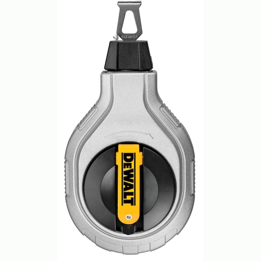 Silver and yellow DEWALT chalk line reel tool with hook for marking straight lines in construction.