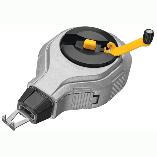 DEWALT silver and black chalk reel with yellow winding handle, used for marking straight lines on surfaces.