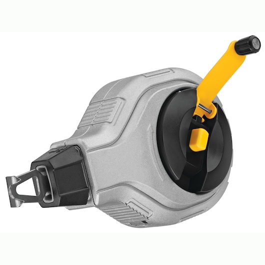 DEWALT chalk line reel with a yellow handle and sturdy silver casing, used for marking straight lines.