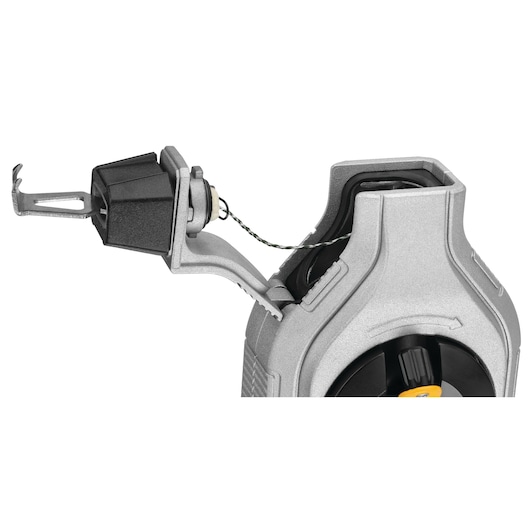 Close-up of a DEWALT chalk line tool showing the metal hook and cord partially extended from the case.