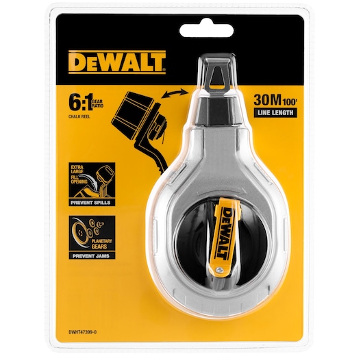 DEWALT chalk reel DWHT47399-0 in retail packaging, highlights gear ratio and 30m line length.