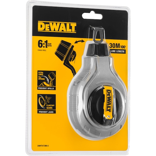 DEWALT DWHT47399-0 chalk reel in packaging, gear ratio 6:1, 30m line, yellow and black display.