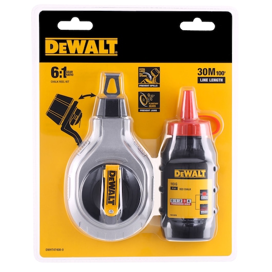 A packaged DEWALT chalk reel kit, featuring a 30 meter (100 feet) line length and a bottle of red chalk (113g). The packaging shows the reel mechanism, instructions and product specifications on a yellow and black background.