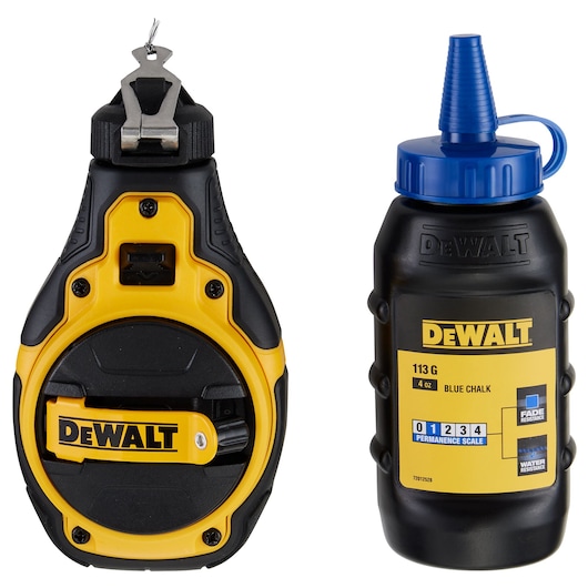 A DEWALT chalk line kit consisting of a yellow and black chalk line reel and a container of blue chalk powder with a blue nozzle.