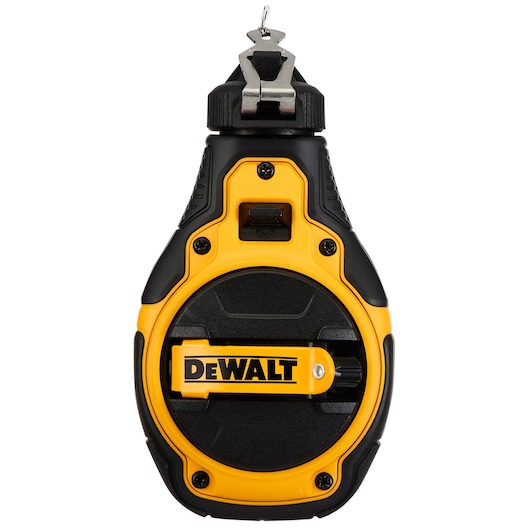 Front view of a DEWALT chalk line reel with a yellow and black design, and a metal hook at the top.
