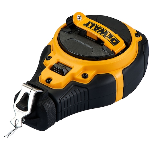 A DEWALT branded chalk line tool with a durable black and yellow casing, featuring a stainless steel clip and ergonomic design.