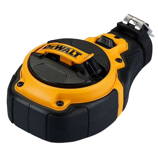 A DEWALT branded chalk reel tool with a rugged yellow and black casing and a metal clip, designed for marking straight lines on surfaces in construction or carpentry.
