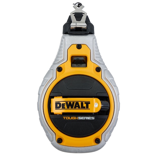 Front view of a DEWALT Tough Series chalk line tool in yellow, black, and gray casing, featuring a hook at the top and branded labeling on the front.