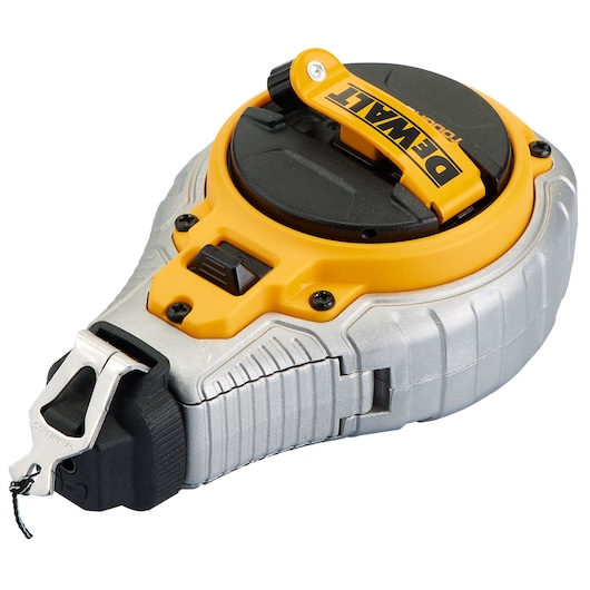 A close-up image of a DEWALT chalk line reel tool with a yellow and silver body, a black spool, and a metal clip at the end for marking straight lines on surfaces.