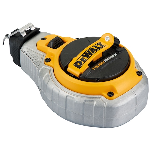 A DEWALT ToughSeries measuring tape, featuring a durable silver and yellow casing with a black and yellow DEWALT-branded label.