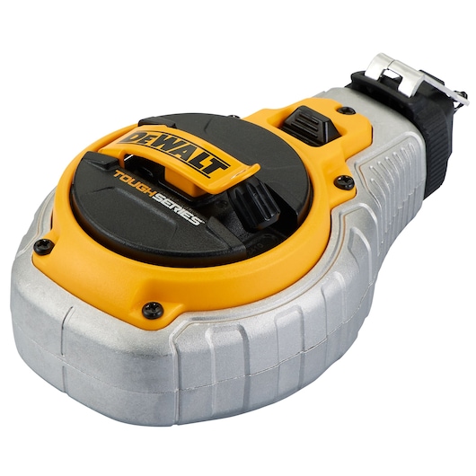 Close-up view of a DEWALT Tough Series measuring tape, featuring a robust metallic and yellow casing and DEWALT branding on the handle.