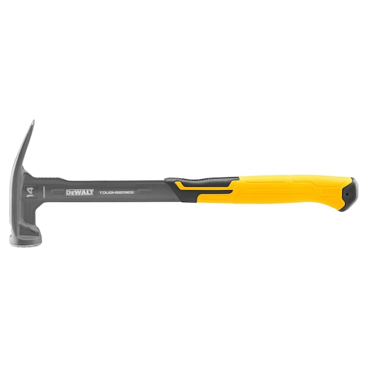 A DEWALT ToughSeries hammer with a black and yellow handle, featuring a straight claw and flat striking surface.