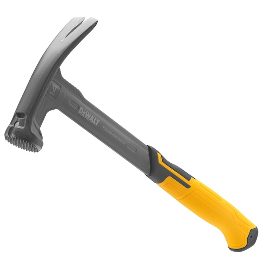 A DEWALT ToughSeries claw hammer with a black metal head and a yellow and black ergonomic handle, shown against a white background.
