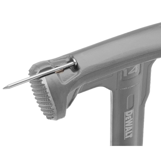 Close-up of a grey DEWALT hammer with a nail held in the nail starter groove at the head. The brand name DEWALT and model number DWHT51138 are visible on the handle.