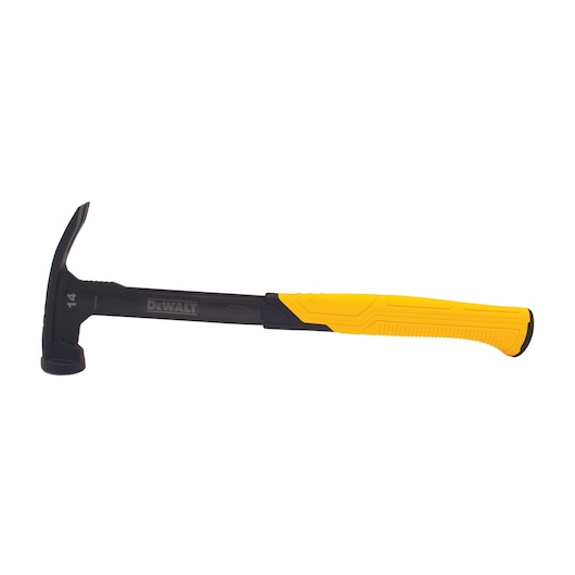 A DEWALT hammer with a black head and yellow handle on a white background.