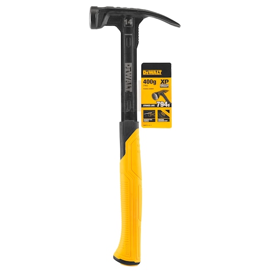 A DEWALT hammer with a yellow and black handle, shown standing upright next to its product label displaying specifications including 400g weight and XP performance.