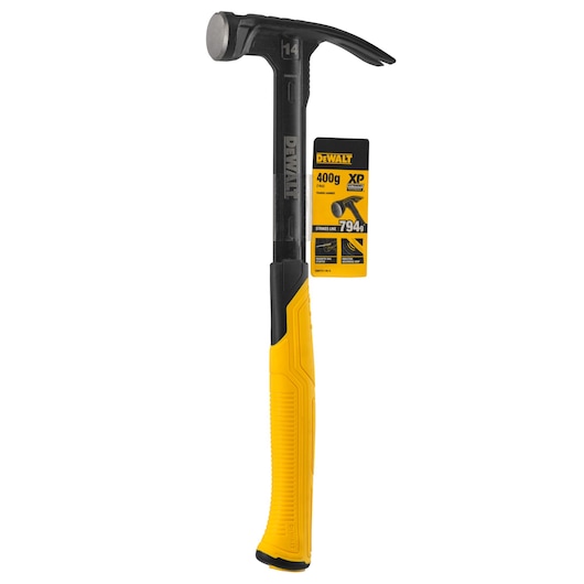DEWALT claw hammer with a black head and shaft, yellow handle, and an attached product label showing specifications.
