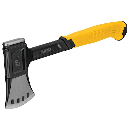 DEWALT hatchet with yellow handle and 20 oz steel head designed for chopping and outdoor work.