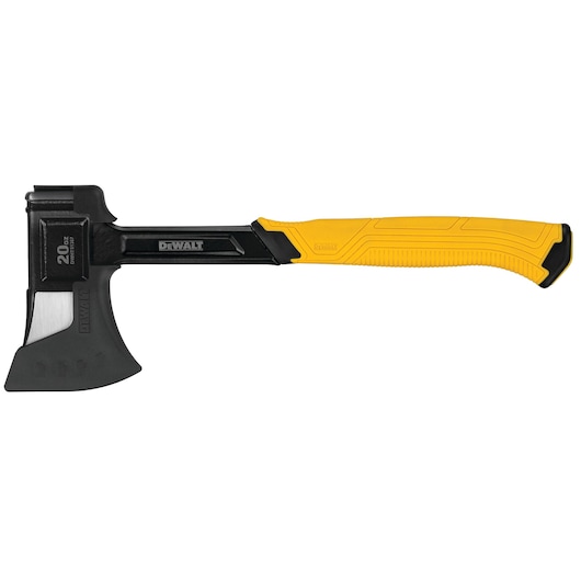 DEWALT hatchet with yellow and black handle and silver blade, suitable for cutting wood and outdoor use.