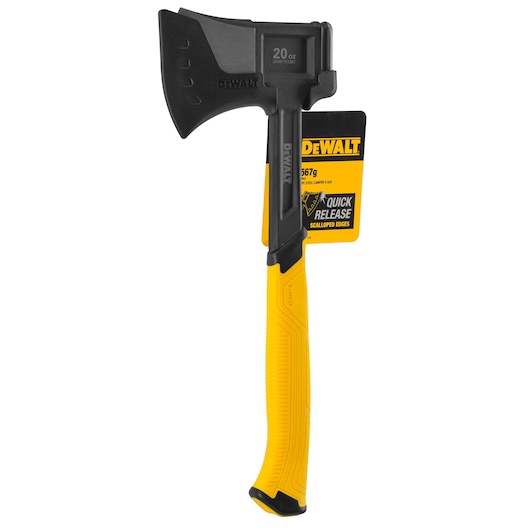 A DEWALT steel camping axe with a yellow handle and black head, featuring a label with product information.