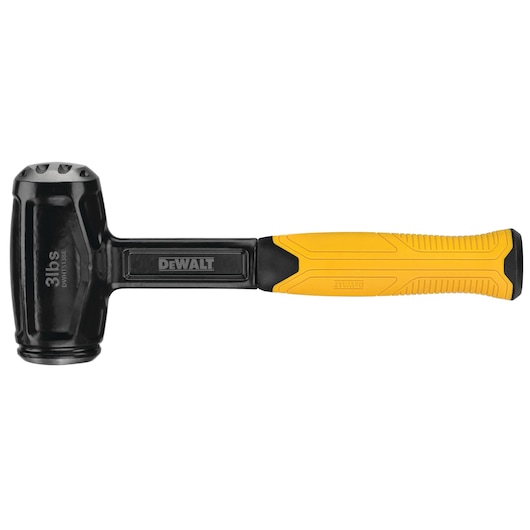 DEWALT black and yellow mallet with 3 lbs marking and textured grip handle, side view.