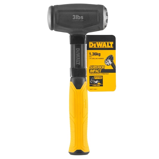 A DEWALT 3lb (1.36kg) drilling hammer with a black head and a yellow and black handle. The product tag highlights 'SUPERIOR IMPACT' and features information about strength, durability, and the 2-piece steel construction.