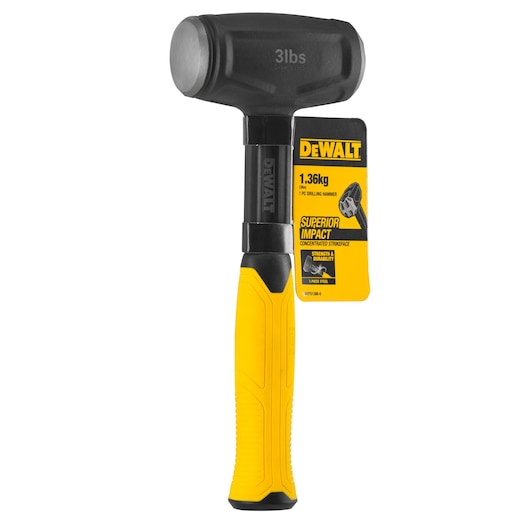 A DEWALT drilling hammer with a yellow and black handle, labeled as 3 lbs (1.36 kg) and featuring a tag that highlights its superior impact and durability.