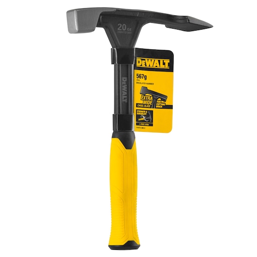 DEWALT bricklayer hammer DWHT51389-0 with a yellow and black handle, featuring an extra wide chisel blade for cutting brick and a steel construction for durability.