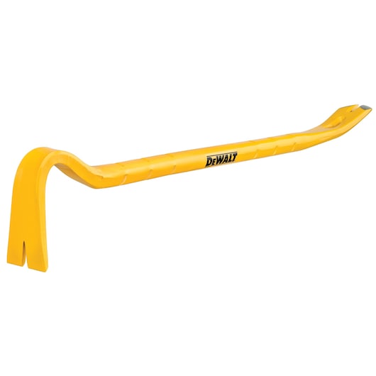 Yellow DEWALT pry bar tool with angled ends, used for demolition and removing nails.