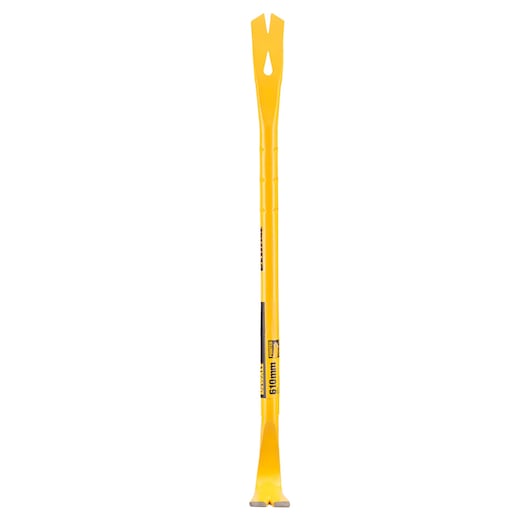A yellow DEWALT demolition bar with a flat end and a V-shaped notch, shown vertically against a white background.
