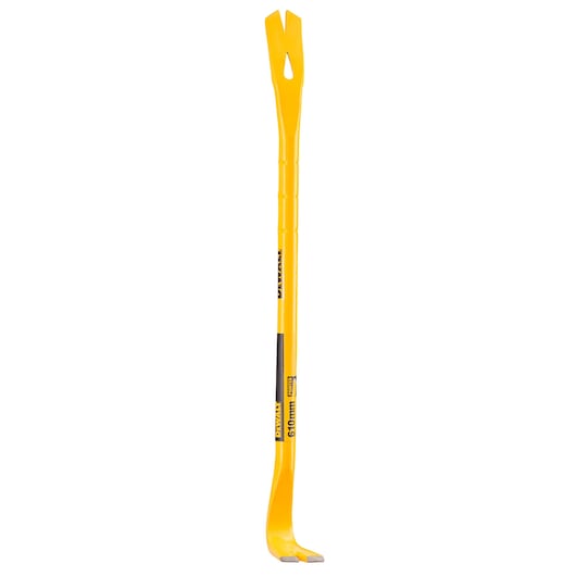 A yellow DEWALT wrecking bar with a bent end and a nail puller slot, used for demolition and construction tasks.