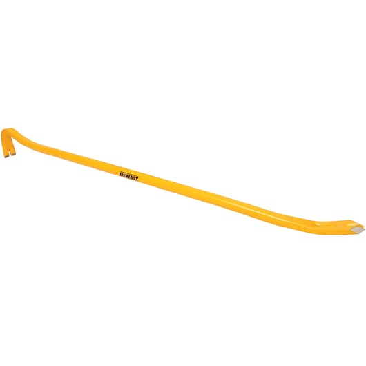 Yellow DEWALT crowbar tool with curved and flat ends, designed for prying and demolition tasks.