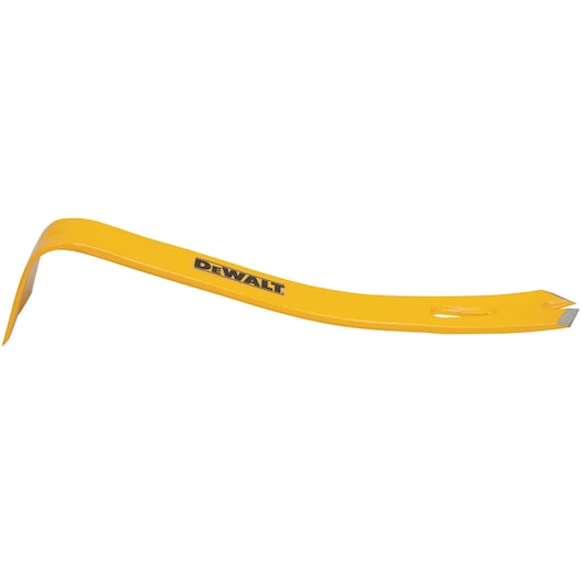 Yellow DEWALT pry bar tool with angled ends for demolition and nail removal.