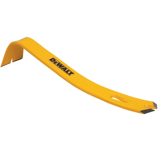 Yellow DEWALT pry bar with angled ends and logo, suitable for construction or demolition tasks.
