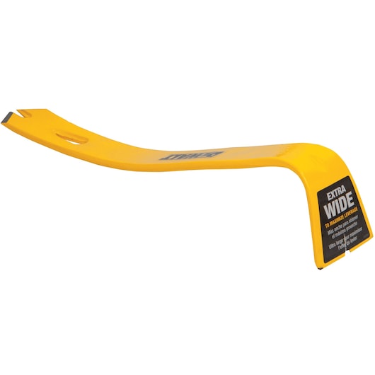 Yellow DEWALT extra wide pry bar with angled ends and label for maximizing leverage, shown on a white background.