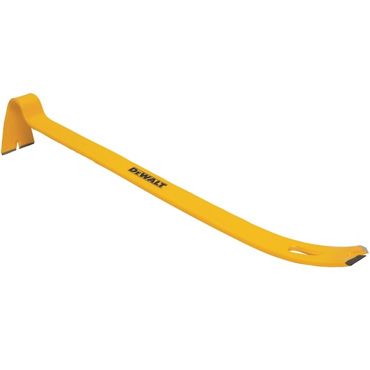 Yellow DEWALT pry bar tool with angled ends, suitable for demolition and removing nails.