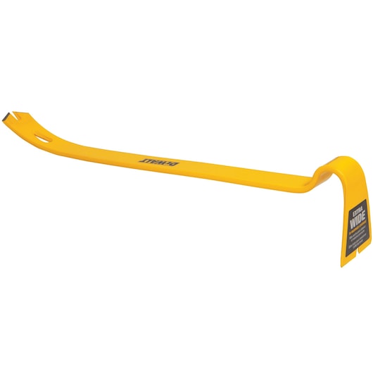Yellow DEWALT pry bar with wide ends, suitable for demolition and nail removal tasks.