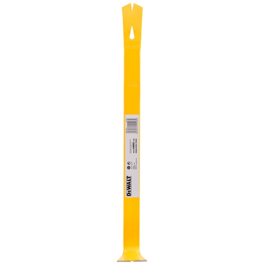 A yellow DEWALT flat pry bar with a slotted end and labelled sticker in the center, shown upright against a white background.