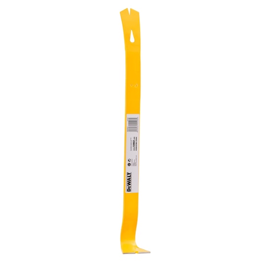 A yellow DEWALT pry bar with a flat, angled end and a slotted claw for removing nails, shown standing upright against a white background.