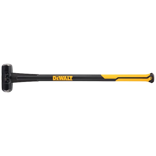 DEWALT sledgehammer with black and yellow handle and steel head, shown in a side profile on a white background.