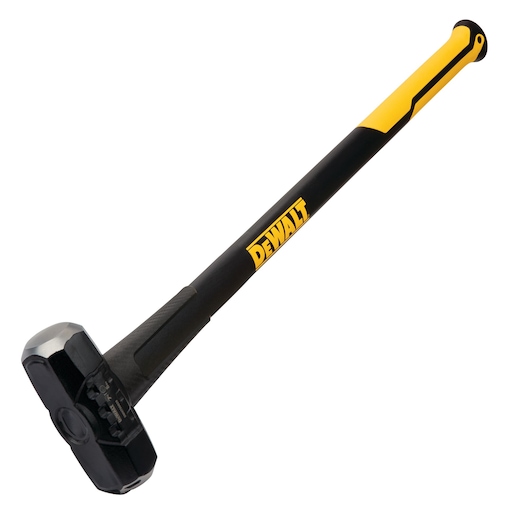DEWALT sledgehammer with black and yellow handle and heavy steel head on white background.